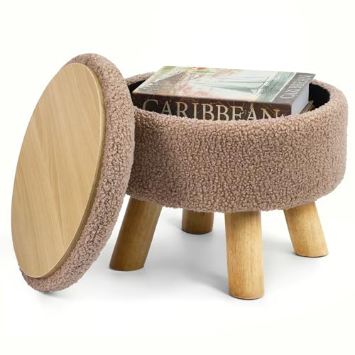 OGEMXU Ottoman-Fußhocker, Kleine Runde Ottomane mit Stauraum, Bouclé-Teddy-Samt-Fußhocker mit Holzbeinen, weiche hocker mit stauraum für Wohnzimmer, Schlafzimmer, (cremefarben) (Kamelbraun)