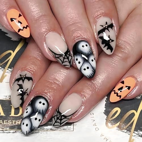 MEUTL Halloween Nails, 24PCS Short/Long False Nails with Glue, Almond/Coffin/Stiletto Shapes, Black/Red/Pink Halloween Press On Nails for Women and Girls