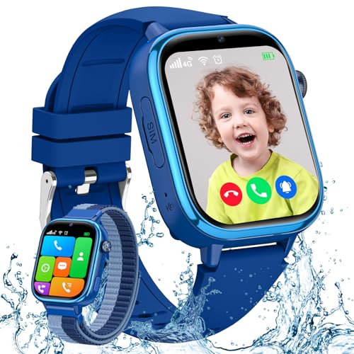 AKUMAKA Reloj Inteligente Niño 4G, Reloj GPS Niños Localizador y Llamadas con Boton SOS, Chat, Videollamada, IP68 Impermeable, Modo Clase, Álbum de Fotos, Podómetro, Smartwatch Niños Despertador Azul