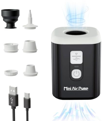 Huilynsen Portable Mini Air Pump Electric for Camping with Light - Quiet Inflation/Deflation for Air Mattress, Swimming Ring, Pool & Vacuum Storage Bags with 5 Nozzles, 1600mAh Battery, Black