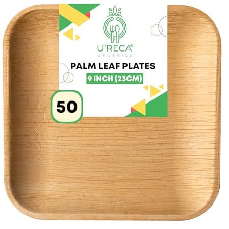U'reca Organics Eco-Friendly Areca Palm Leaf Square Plates | 9 - Pack of 50 | Great for Shared Platters, Party Snacks & Catering | Sturdy, Leakproof, Compostable