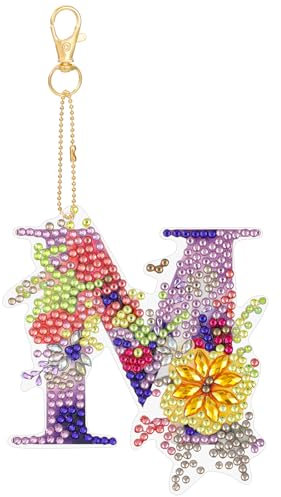 MWOOT Diamond Art Painting Anhänger Buchstabe, 5D DIY Diamond Malerei Kunst Schlüsselanhänger Blumen, Doppelseitige Strass Mosaik Diamant Handwerk für Rucksack Handtaschen Deko(M)