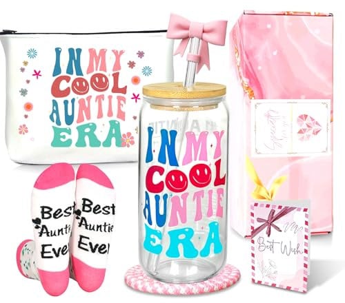 ANOTION Auntie Gift, Auntie Gifts from Nephew and Niece, Personalised Birthday Pamper Cool Aunt Gift Auntie Funny Gift Card Set IN MY COOL AUNTIE ERA Iced Coffee Glass