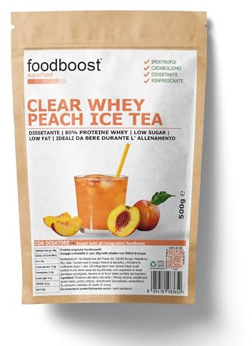 foodboost Clear Whey isolate gusto the alla pesca, shake proteico Senza Zucchero, proteine whey rinfrescanti, proteine isolate del siero del latte trasparenti e dissetanti