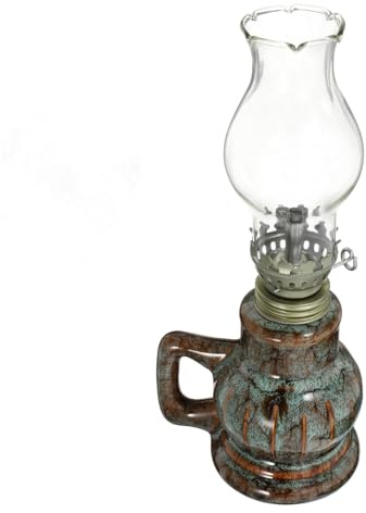 LIFKOME Keramische Vintage Öllampe aus Glas und Keramik Altmodische Petroleumlampe mit Griff Stabile Sturmlaterne für Innenbereich Camping und Notbeleuchtung