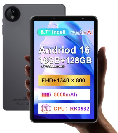 Tablet Android 15 da 8,7 pollici, display Incell, 16 GB (6 + 10) GB + 128 GB con custodia