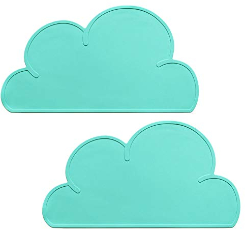Silikon Platzset, Platzdeckchen Wolke, YOCZOX 2Pcs Kinder Platzset rutschfest, Baby Untersetzer, Kinder Tischset Wolke, Silikon Tischunterlage, Cloud Tisch Matte für Kinder, BPA frei, 48x27x0.3cm grün