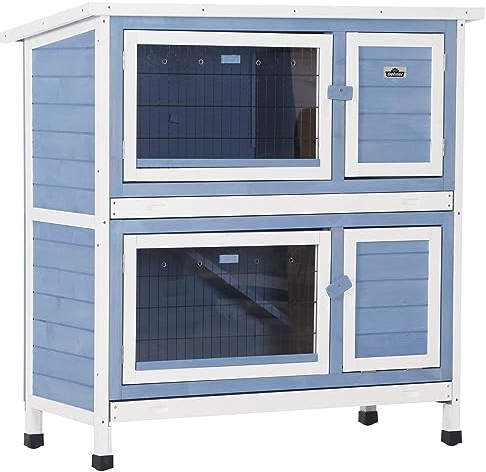 Dehner Kaninchenstall Original, mit Wärmedämmung, ca. 114 x 57 x 116 cm, Tannenholz, hellblau