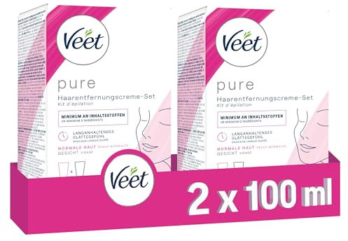 Veet Pure Haarentfernungscreme-Set Gesicht - Für Oberlippe, Wangen & Augenbrauen, normale Haut - 100 ml (2er Pack) mit 100 ml Pflegecreme inkl. Spatel