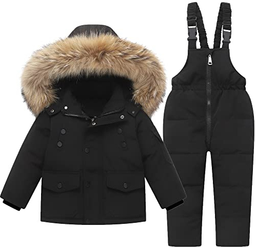 Kids Snowsuit Ski Suits Set 2-Piece Winter Outfit Set - Hooded Puffer Down Jacket and Snow Bib Pants Ultralight Skisuit Set, 4-5 Years