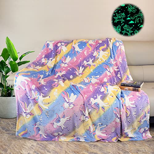 Kuscheldecke Kinder,Einhorn Decke Kuscheldecke Leuchtet im Dunkeln, Einhorn Geschenke für mädchen Super Weiche und Warme Decke, Bett Sofa Flauschige Einhorn Decke Rosa (Einhorn-03, 130x150 cm)
