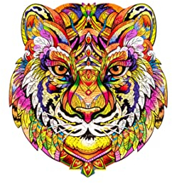 WOODVIO - Holzpuzzle für Erwachsene und Kinder - Tiger, tierförmiges Fantasiepuzzle, 219 einzigartige Stücke, Größe King (38 x 34 cm)