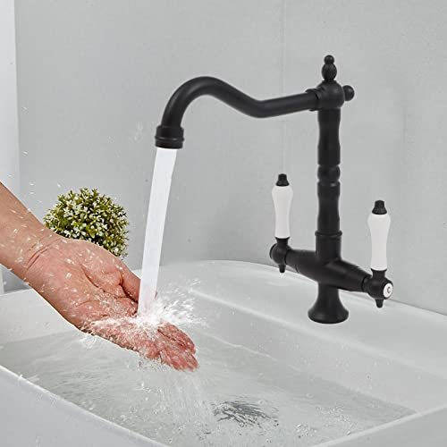 Retro Bad Wasserhahn, Küchenarmatur Schwarz Doppelhebel Waschtischbatterie 360° Drehbar Spültischarmatur Antik, Mischbatterie Küchenspüle Amatur Hoher Auslauf