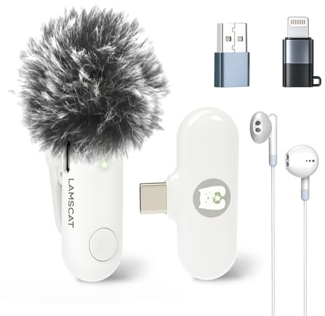LAMSCAT Wireless Microphone for iPhone/ipad/Android/USB c/PC, Lavalier Microphone for Recording, Live Streaming, YouTube, TikTok, Noise Cancellation, No APP Needed (white-1to1)