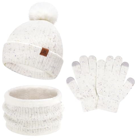 Kinder Winter Warm Beanie Mütze Loop Schal und Touchscreen Handschuhe Set, Pompom Wintermütze Strickmütze Winterhandschuhe Schlauchschal mit Fleece Gefütterte für 5–8 Jahre Mädchen Jungen, Weiß