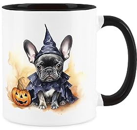Purely Home Frenchie Mug - Halloween Pumpkins French Bulldog Gift/Present Mug - Tea Coffee White & Black Ceramic Mug for Dog Lovers