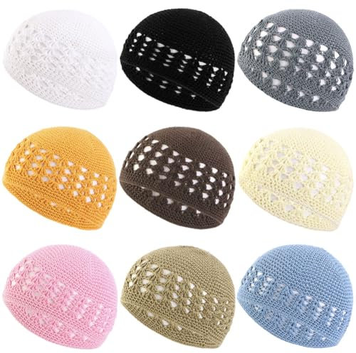 Besforta 9 Stück gestrickte Kufi-Mützen, Häkelmützen, Beanie, Totenkopf, dehnbar, gestrickt, Häkelmütze für muslimische Frauen und Männer, Frische Farbe, 2-8