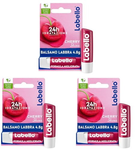 Labello Cherry Shine Burrocacao labbra 4.8 g, Balsamo labbra colorato e nutriente all'aroma di ciliegia, Lip balm idratante per 24 ore con ingredienti naturali (Confezione da 3)