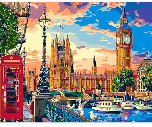 DAERLE Peinture par Numéros pour Adulte Paysage de la ville, Kits de Peinture au Numéro Vue de la ville Avec Pinceaux Peinture de Dessin de Pigment Acrylique, Vloisirs Créatifs Adultes 40x30cm