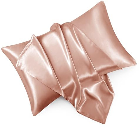 HommxJF Rose Gold Satin Pillowcase Queen Size Set of 2 for Hair and Skin, Rose Gold Silk Pillowcase Breathable Pillowcase with Envelope Closure