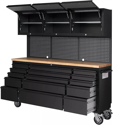 Factory Image Racing 72 Black Steel 15 Drawer Tool Chest with Wooden Top, 3 Cabinets