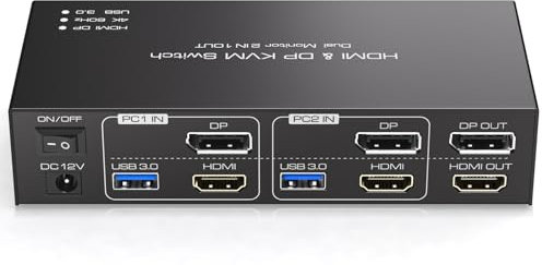 TJCXELE DisplayPort+HDMI KVM Switch 2 PC 2 Monitore 4K60Hz USB3.0 KVM Switch für Zwei PC Teilen Sie Dual Monitor und 4 USB Geräte Unterstützung Kopieren&Erweitern Modus mit 2xUSB Cable