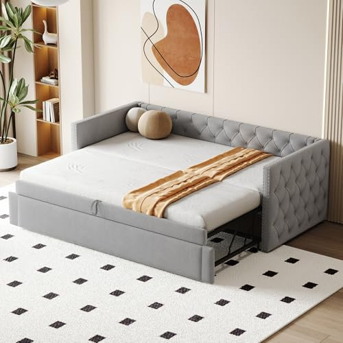 DRIXNO Polsterbett Ausziehbares Schlafsofa, 90/180 * 200 cm, Klassische Vollform mit Knöpfen, Mit Lattenrost, Multifunktionales Bett-Gästebett, Samtstoff, Hellgrau (Matratze Nicht enthalten)