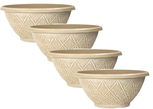 shopior Plastic Prisma Bowl Planter – Round Garden Flower Pot with Drainage Holes, Weatherproof Durable Plastic, Outdoor & Indoor Plant Pot for Home, Patio, Balcony & Garden (Ginger-30cm, Pack 4)