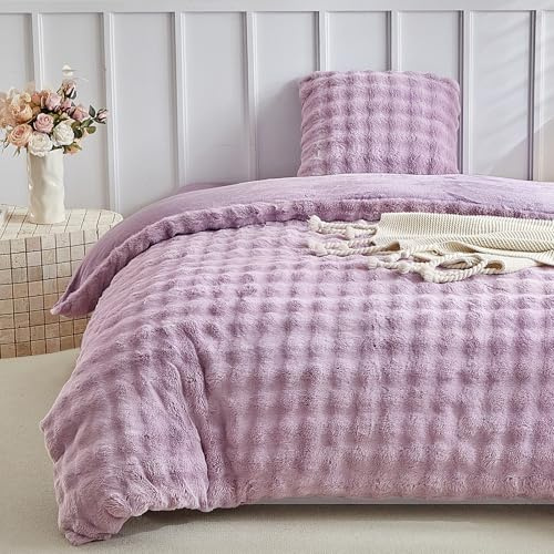Lekesky Plüsch Bettwäsche 135x200 2teilig + 1 Kissen 80x80, Lila | 1 Bettbezug 135x200, 1 Kissenbezüge 80x80 mit Reißverschluss, Bedding mit Reißverschluss, Plüsch Mikrofaser Maschinenwaschbar