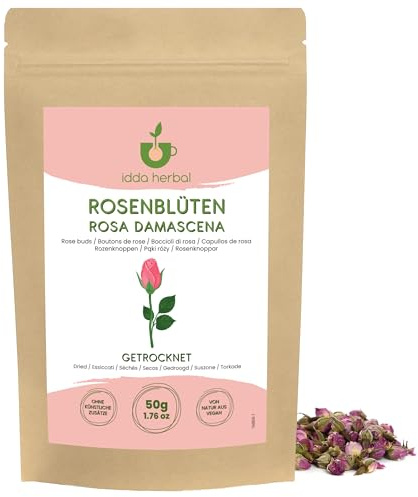 IDDA Herbal Rosenblüten getrocknet 50g, ganze Rosenknospen getrocknet | ideal für Rosenblüten Tee, Desserts, Backwaren und zur Dekoration, Rosentee von Rosa Damascena, Rosen Tee lose