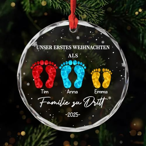 Geschenke Mall Personalisiertes Ornamente - Unser Erstes Weihnachten Als Familie - Weihnachtskugel mit Namen, Glas Weihnachtsschmuck, personalisierte weihnachtsdeko (3 Mitglieder)