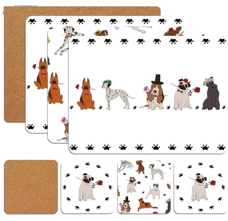 Placemats & Coasters Heat Resistant Dining Mats Set of 8 (Romantic Dogs) | Heat Resistant Cork Placemats And Coasters Set Of 8 For Dining Tables, Kitchens And Christmas Decor & Practical (21.5 x 29cm)