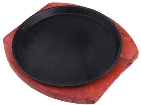 TOPPERFUN Thickened Cast Iron Steak Plate with Nonstick Coating and Wooden Serving Tray Round Fajita Skillet Set for Household Cooking Even Heat Distribution for Family Meals