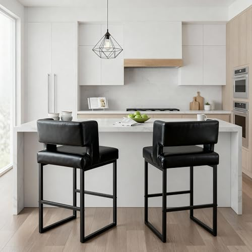 JUFU Barhocker 2er Set, Barstühle mit Lehne, Küchenstühle Kunstleder mit Metallgestell und Fußstütze belastbar 100kg für Küche, Tresen, Esszimmer (Schwarz)