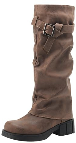 Generico stivali donna marroni Stivali Donna con Tacco Invernali Autunnali Texani Cowboy Stivaletti Alti al Ginocchio Stivaletti Gamba Larga in Pelle scarpe gambale largo marrone 37