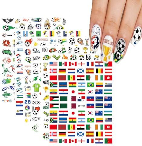 6Sheets World Flag & Soccer Nail Stickers, Colourful Decals Self-Adhesive Football Nail, Waterproof Nail Art Design Decorations for 2026 World Cup