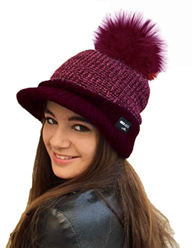 RockJock Damen warme Fleece gefüttert gestrickte Schirmmütze Baseballmütze mit abnehmbarem Kunstpelz pom mit oder ohne POM- tragen