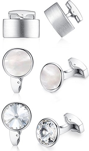 HONEY BEAR 3 Paar Herren Hemd Hochzeit Manschettenknöpfe Set Rechteck rund mit Kristall Cufflinks Edelstahl Manschettenknopf,Silber (ohne Box)