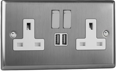 Varilight Double Switched Socket With USB Charging - Classic Brushed Steel With Brushed Steel/White Insert