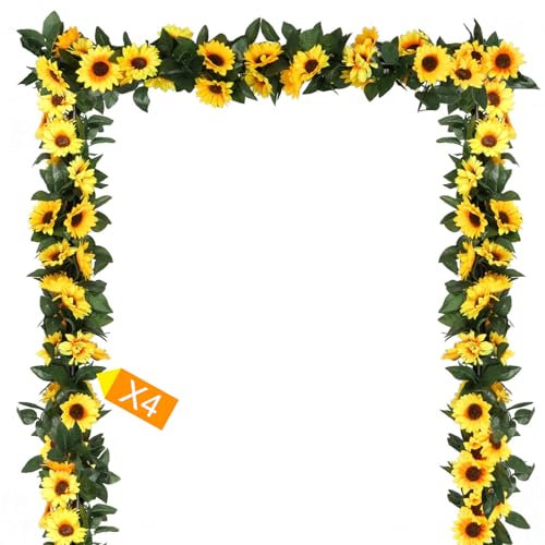 Beferr 4 Pcs Artificial Sunflower Garland Fake Silk Sunflowers Daisy Vines Yellow Faux Flower Garland Wall Hanging Plants for Home Wedding Party Garden Decoration DIY Wreath