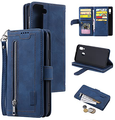 EYZUTAK Handyhülle für Samsung Galaxy A13 4G 5G/Galaxy A04S Hülle,Flip Case Lederhülle Reißverschluss Magnetverschluss Brieftasche mit 9 Kartenfächern Standfuntion Retro Matt Ledertasche-Blau