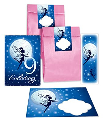Junapack 12 Einladungskarten zum 9. Kindergeburtstag neunte Geburtstag Mädchen Fee incl. 12 Umschläge, 12 Tüten/rosa, 12 Aufkleber, 12 Lesezeichen