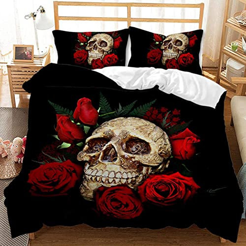 MIQEBX Totenkopf Bettwäsche 135x200cm Halloween Gotisch-Bettbezug Für Teenager,3D Schädel und Rosen Microfaser Bettwäsche Set Mit Reißverschluss Und 2 Kissenbezug 50x75cm