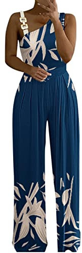 Frauen Strampler Sexy Metallknopf Tanktop Hohe Taille Overall mit weitem Bein Druckoverall Jugendweihe Schuhe (Navy, L)