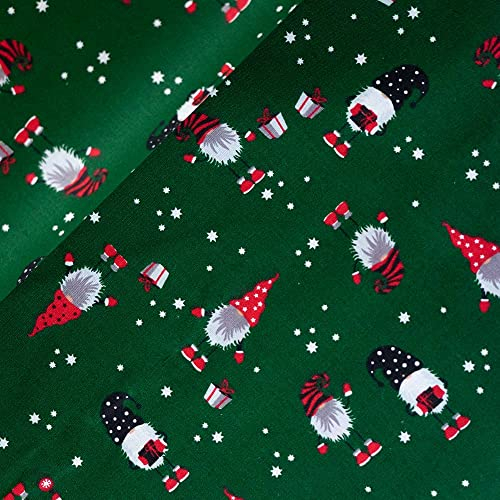 12,90 /m Weihnachtsstoff zum Nähen | Popeline Baumwolle Stoff | Muster Wichtel Tannen | Dekostoff Weihnachten Meterware (Weihnachten Wichtel dunkelgrün)