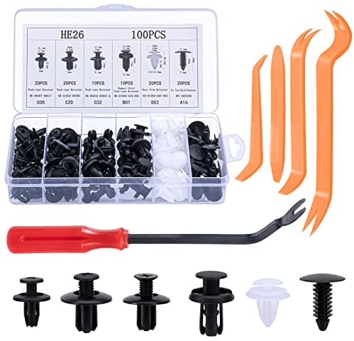 Set di clips voiture per auto - 6 diverse tipologie di clip per rivestimenti porta e clip in plastica per paraurti universali, inclusi i set di fissaggio della carrozzeria con rivetti a espansione.