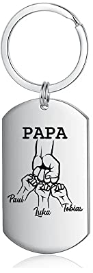 kaululu Porte Clef Personnalisable Photo Porte Clé avec Prenom Grave for Homme Porte-clés Papa en Acier Inoxydable avec Nom de Famille pour Homme Cadeau Fête Des Pères (3 nom)