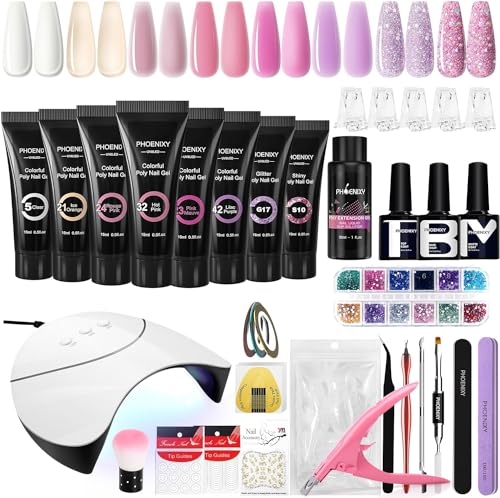 Kit Ongle Gel UV Complet, Phoenixy 8 Couleurs Poly Nail Extension Gel Faux Ongles Kit Ongle Gel avec 36W Lampe UV/LED pour Debutant