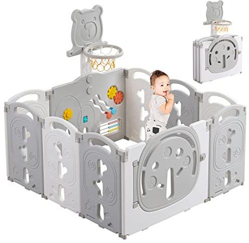 YOLEO Laufstall Baby 113×113 cm, Laufgitter Baby, Laufstall Faltbar, Laufgitter Faltbar, Kinderlaufstall mit Basketballkorb, Playpen mit Tür und Spielzeugboard, Playpen aus Kunststoff, Babyzaun, Grau