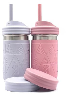 Elk and Friends 14oz Stainless Steel Kids + Toddler Drinking Cups | The Original Mason Jars with Lids + Sleeves + Straws | Smoothie Cups | Spill Resistant | Dishwasher Safe | 2 Pack